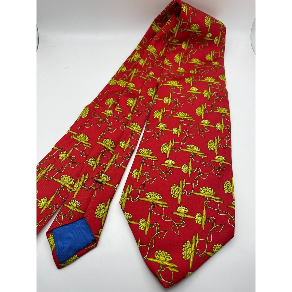 Sulka Mens Silk Tie Red Yellow Floral Vine Pattern Made in France Classic 3.75"